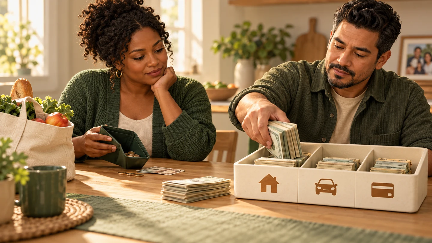 A family divides money among home, car, and credit payments