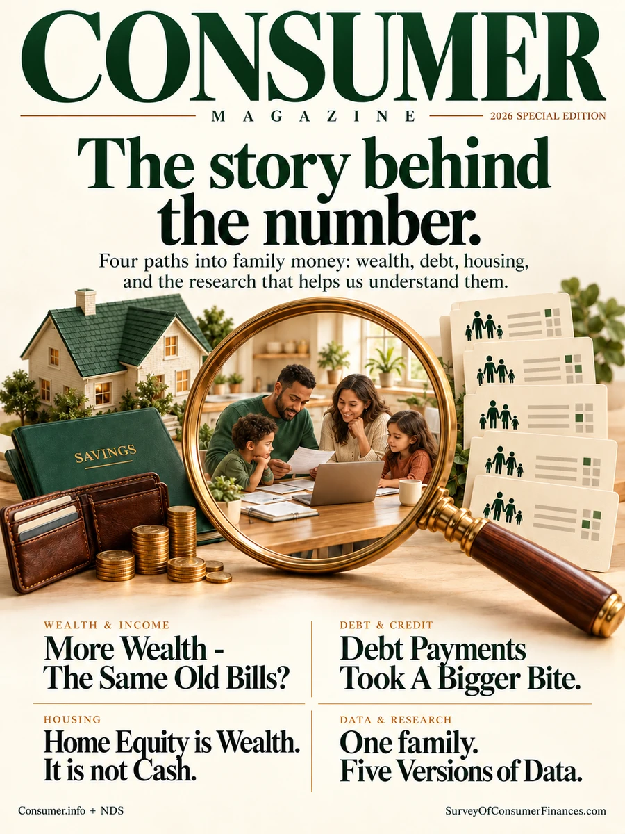 Consumer Magazine 2026 cover, The story behind the number, with stories on wealth, debt, home equity, and five data versions
